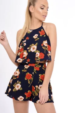 Rebellious Fashion Navy Floral Halterneck Crop Top - Kamisha