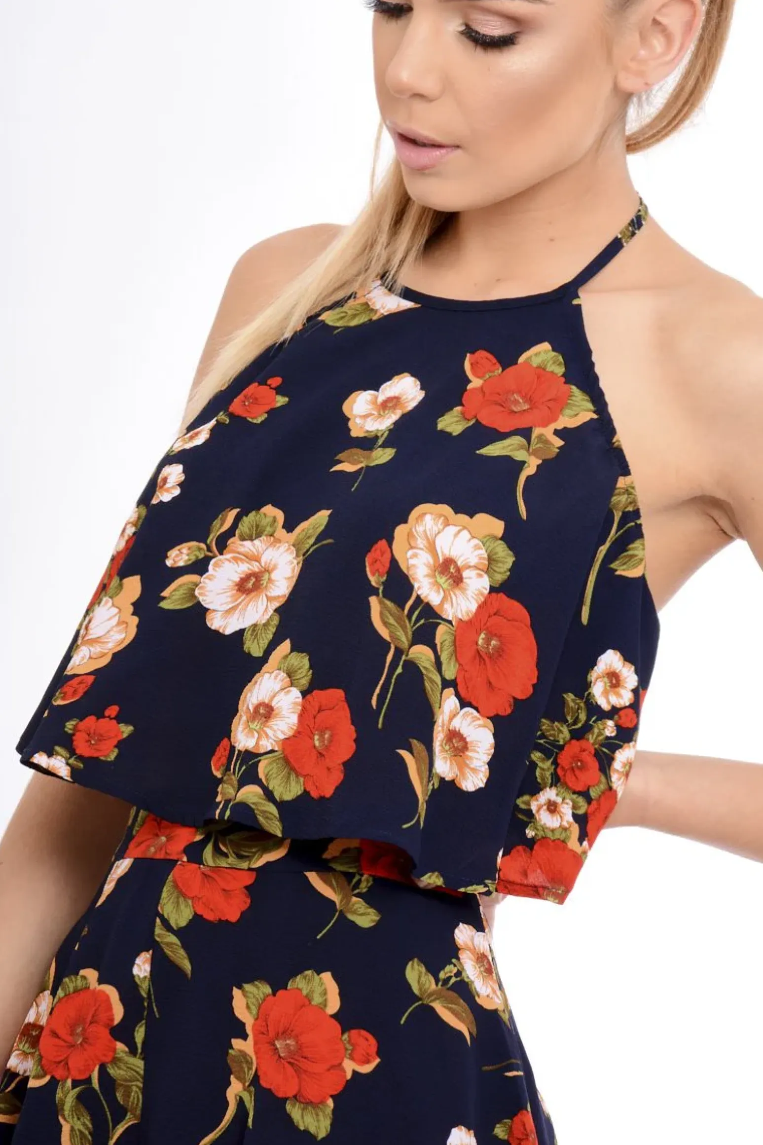 Rebellious Fashion Navy Floral Halterneck Crop Top - Kamisha