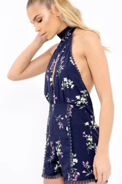 Rebellious Fashion Navy Floral Halter Neck Plunge Playsuit - Mia