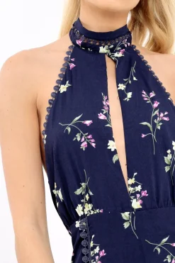 Rebellious Fashion Navy Floral Halter Neck Plunge Playsuit - Mia