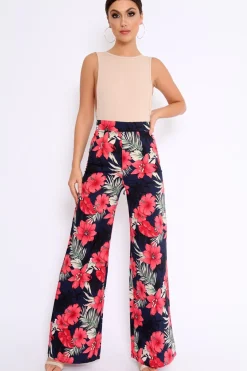 Rebellious Fashion Navy Floral High Waist Flare Trousers - Tisha