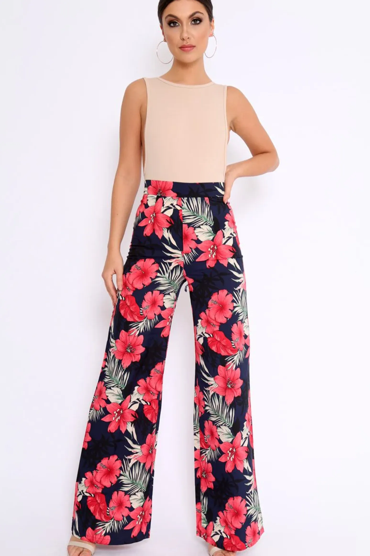 Rebellious Fashion Navy Floral High Waist Flare Trousers - Tisha