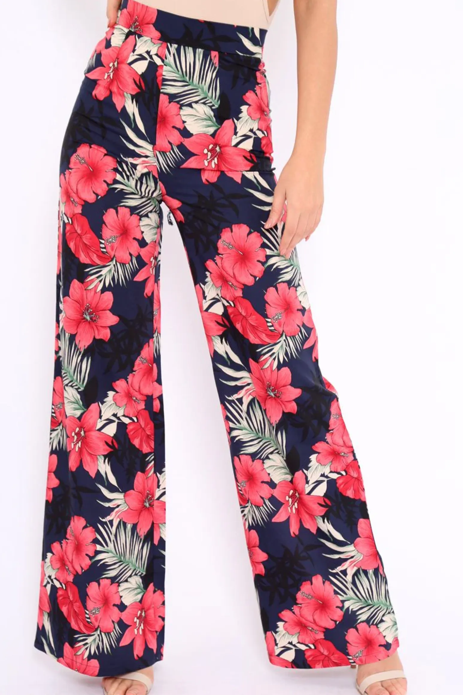 Rebellious Fashion Navy Floral High Waist Flare Trousers - Tisha