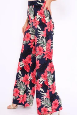 Rebellious Fashion Navy Floral High Waist Flare Trousers - Tisha