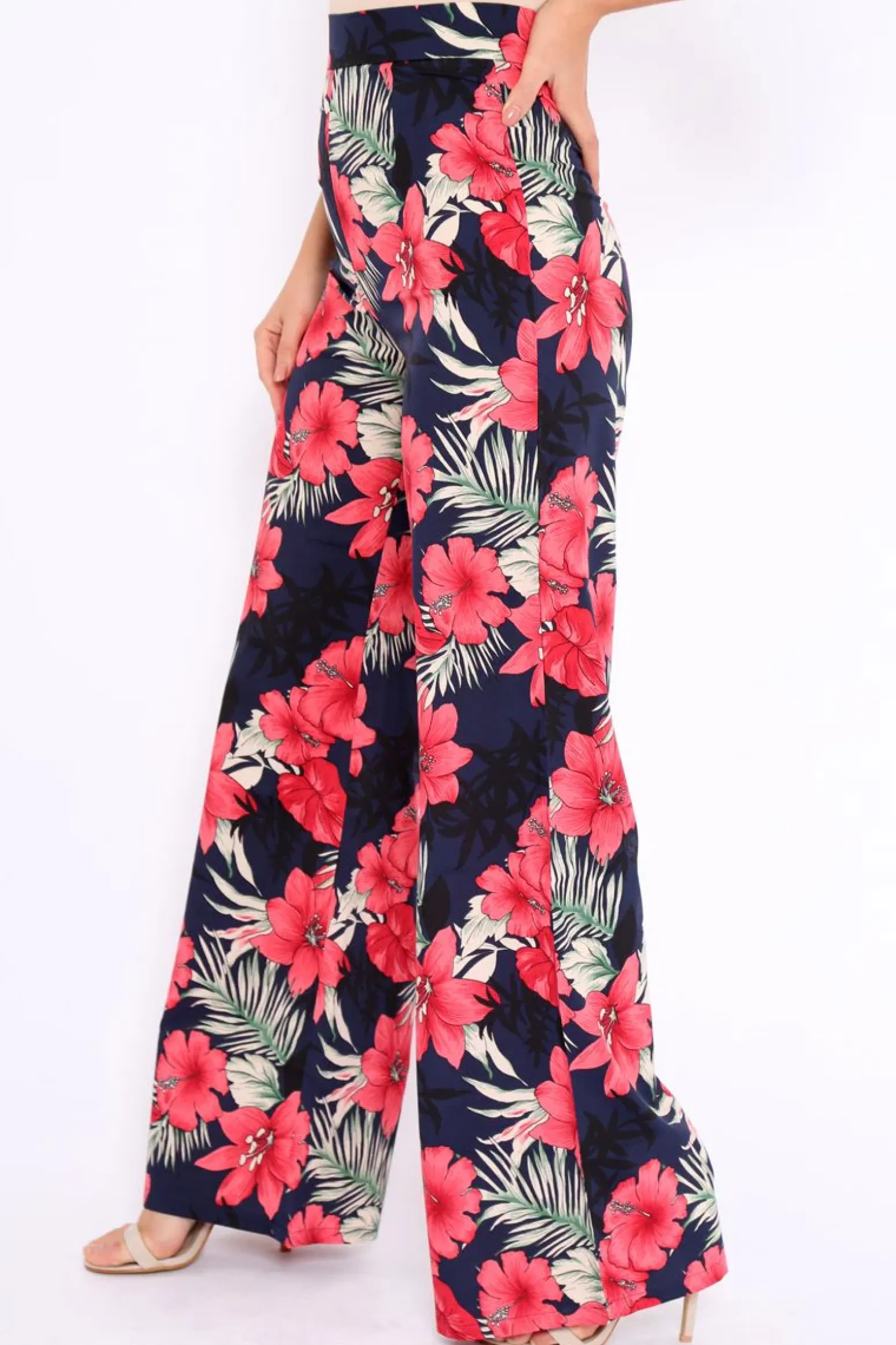 Rebellious Fashion Navy Floral High Waist Flare Trousers - Tisha