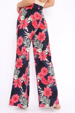 Rebellious Fashion Navy Floral High Waist Flare Trousers - Tisha