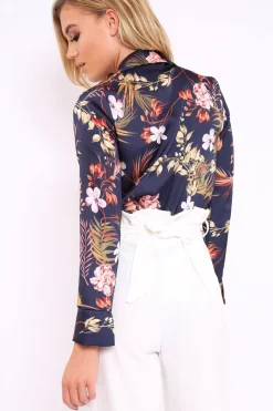 Rebellious Fashion Navy Floral Plunge Satin Bodysuit - Rebeka