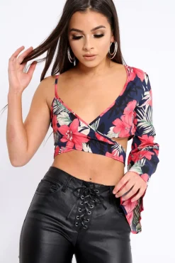 Rebellious Fashion Navy Floral Print Asymmetrical Sleeve Crop Top - Clarinda