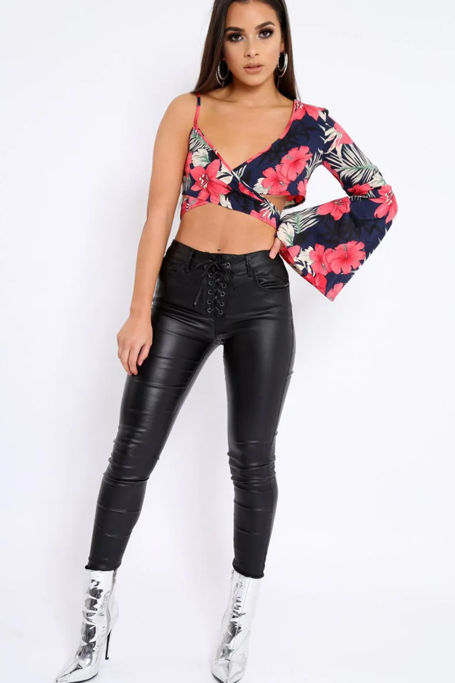 Rebellious Fashion Navy Floral Print Asymmetrical Sleeve Crop Top - Clarinda