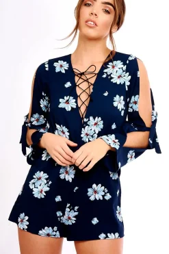 Rebellious Fashion Navy Floral Print Lace Up Playsuit - Courtney
