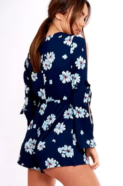 Rebellious Fashion Navy Floral Print Lace Up Playsuit - Courtney