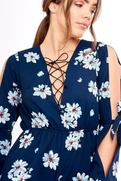 Rebellious Fashion Navy Floral Print Lace Up Playsuit - Courtney