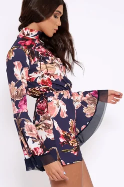 Rebellious Fashion Navy Floral Print Open Back Playsuit - Cassia