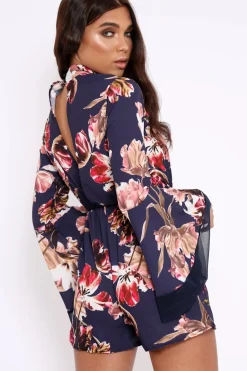 Rebellious Fashion Navy Floral Print Open Back Playsuit - Cassia
