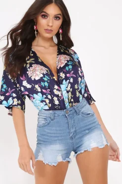 Rebellious Fashion Navy Floral Satin Plunge Bodysuit - Feona