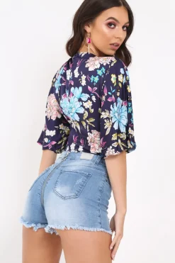 Rebellious Fashion Navy Floral Satin Plunge Bodysuit - Feona