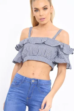 Rebellious Fashion Navy Gingham Cold Shoulder Frill Crop Top - Lant