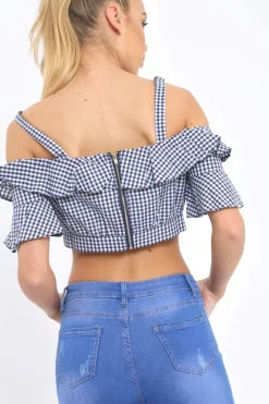 Rebellious Fashion Navy Gingham Cold Shoulder Frill Crop Top - Lant