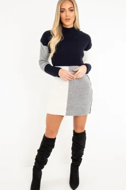 Rebellious Fashion Navy Grey and Cream Knit Jumper Dress - Taila