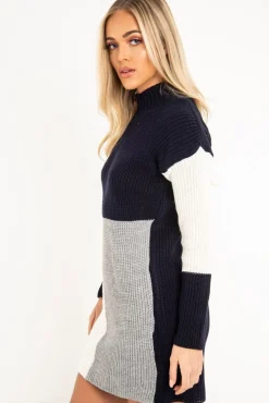 Rebellious Fashion Navy Grey and Cream Knit Jumper Dress - Taila