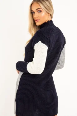 Rebellious Fashion Navy Grey and Cream Knit Jumper Dress - Taila