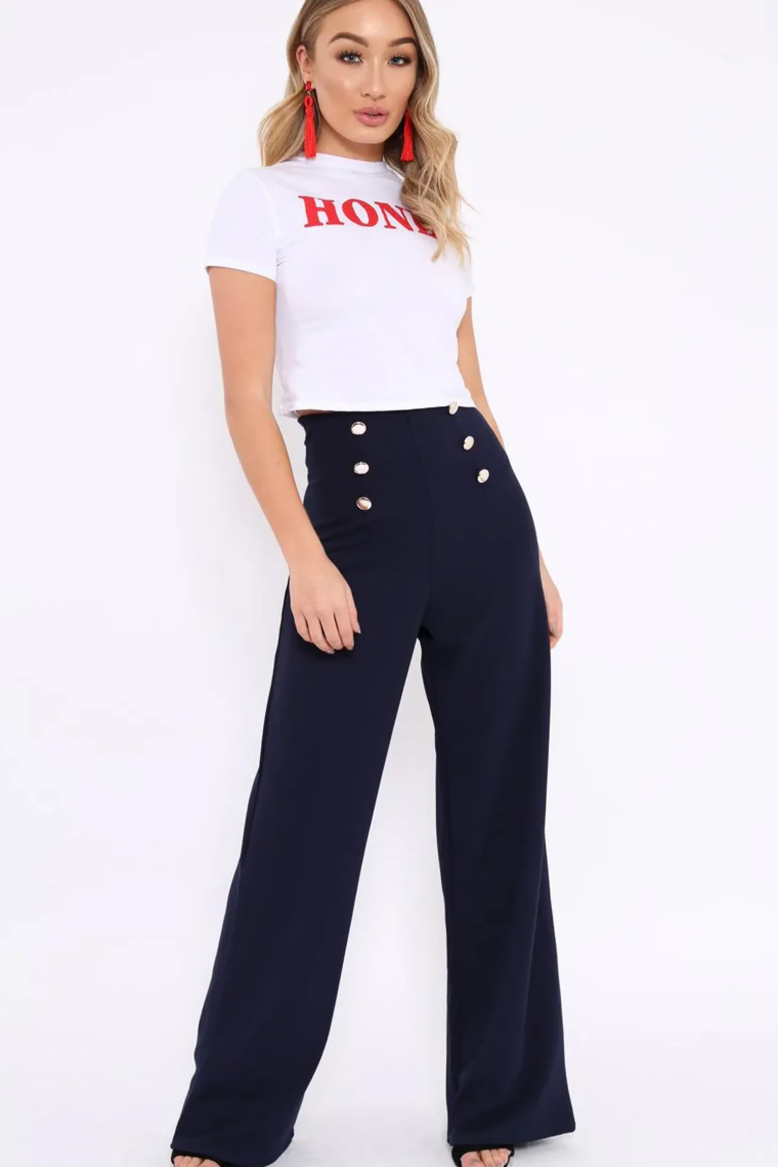 Rebellious Fashion Navy High Waist Button Front Wide Leg Trousers - Juna