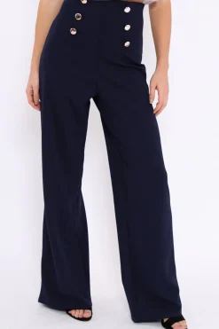 Rebellious Fashion Navy High Waist Button Front Wide Leg Trousers - Juna