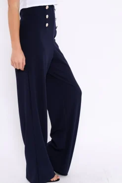 Rebellious Fashion Navy High Waist Button Front Wide Leg Trousers - Juna