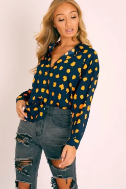 Rebellious Fashion Navy Orange Polka Button Up Shirt - Harlin