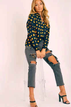 Rebellious Fashion Navy Orange Polka Button Up Shirt - Harlin