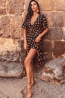 Rebellious Fashion Navy Orange Polka Wrap Midi Dress - Georgeanna