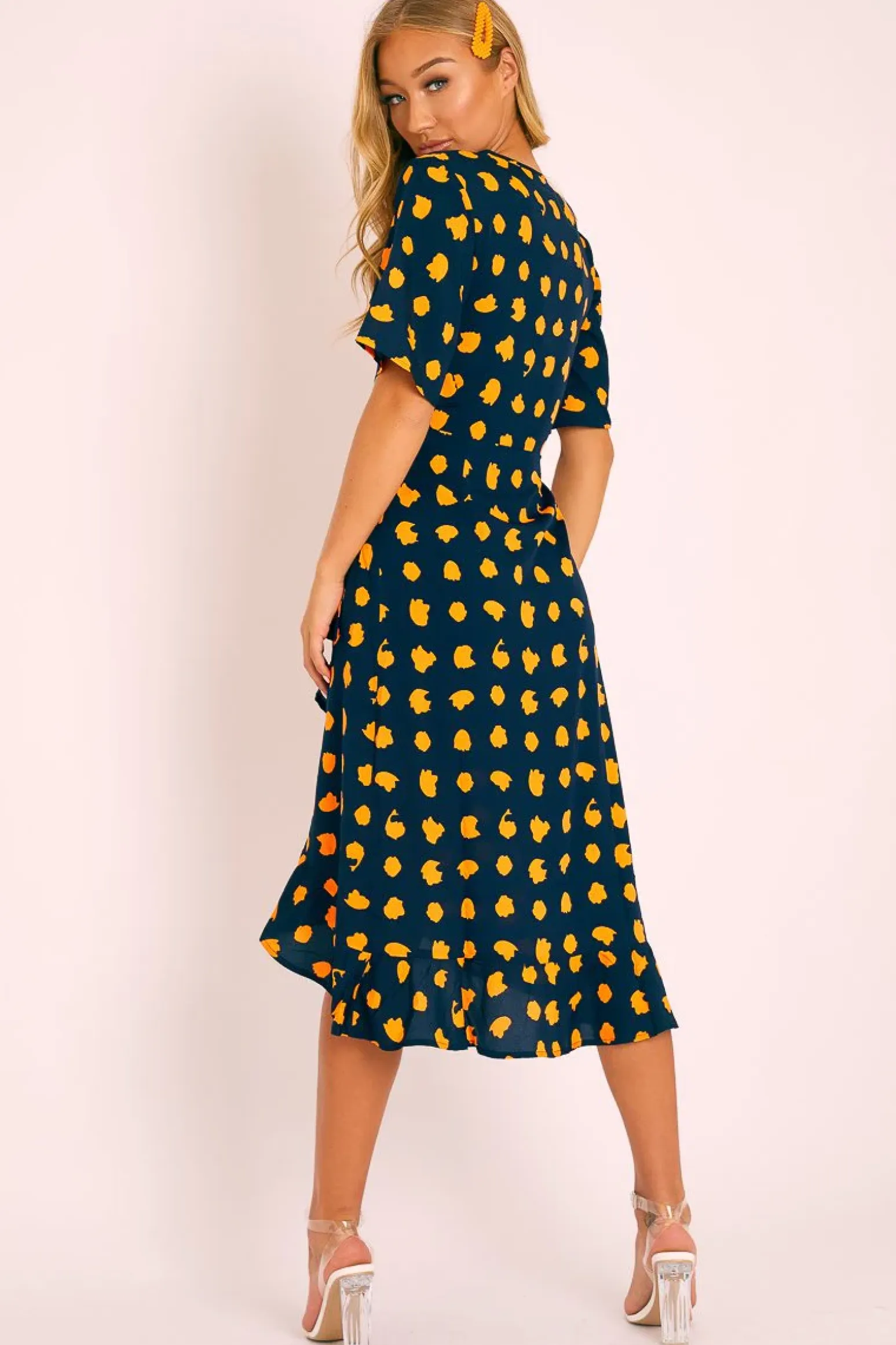 Rebellious Fashion Navy Orange Polka Wrap Midi Dress - Georgeanna