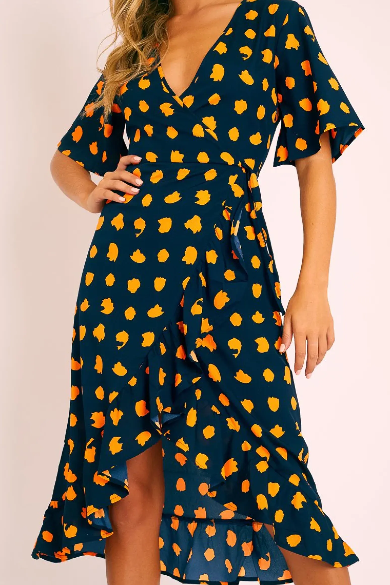 Rebellious Fashion Navy Orange Polka Wrap Midi Dress - Georgeanna