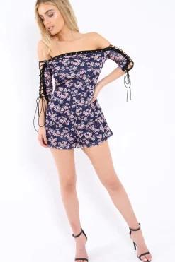Rebellious Fashion Navy Oriental Print Eyelet Lace Up Playsuit - Suzannah