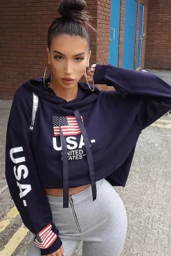 Rebellious Fashion Navy Oversized USA Print Hoodie - Eleah