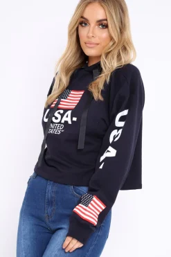 Rebellious Fashion Navy Oversized USA Print Hoodie - Eleah