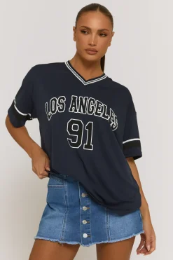 Rebellious Fashion Navy Oversized Varsity Football T-shirt - Austin