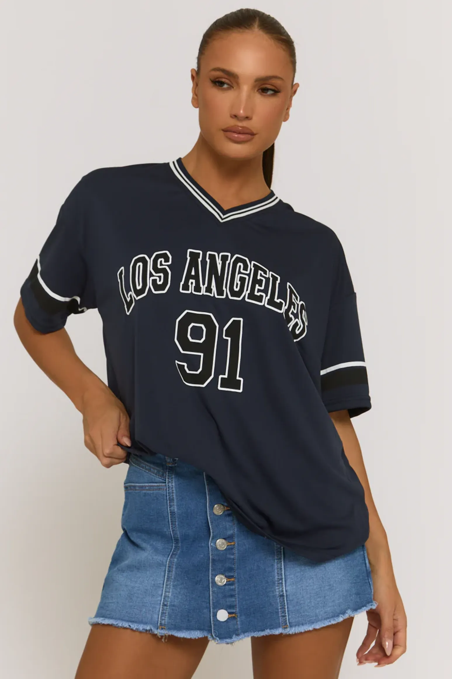 Rebellious Fashion Navy Oversized Varsity Football T-shirt - Austin