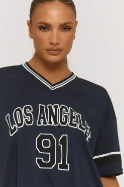 Rebellious Fashion Navy Oversized Varsity Football T-shirt - Austin