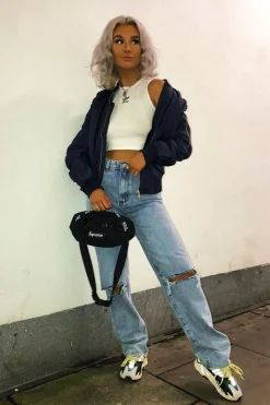 Rebellious Fashion Navy Padded Bomber Jacket - Chelsy