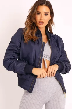 Rebellious Fashion Navy Padded Bomber Jacket - Chelsy