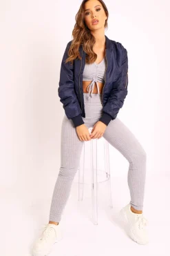 Rebellious Fashion Navy Padded Bomber Jacket - Chelsy