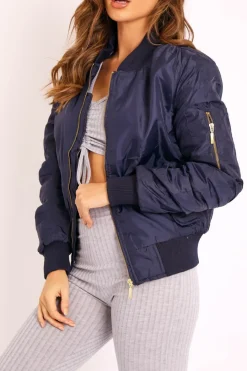 Rebellious Fashion Navy Padded Bomber Jacket - Chelsy