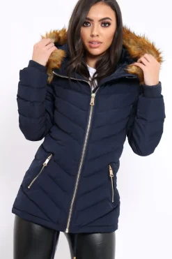 Rebellious Fashion Navy Padded Coat With Faux Fur Trim Hood - Jocelyn