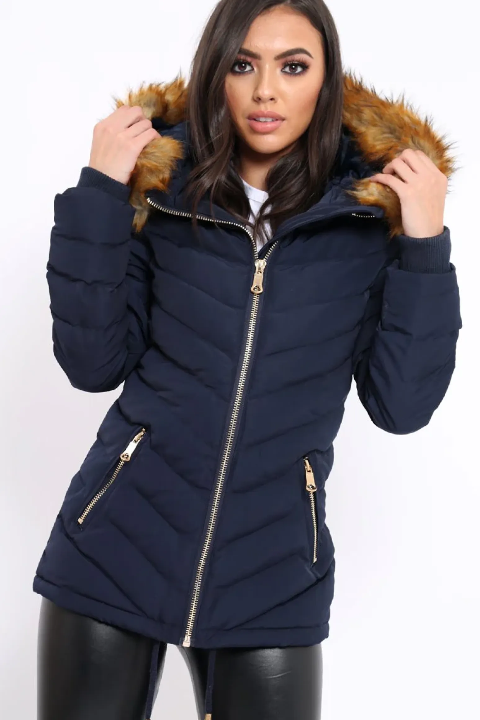 Rebellious Fashion Navy Padded Coat With Faux Fur Trim Hood - Jocelyn