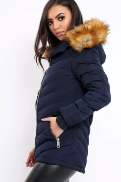 Rebellious Fashion Navy Padded Coat With Faux Fur Trim Hood - Jocelyn