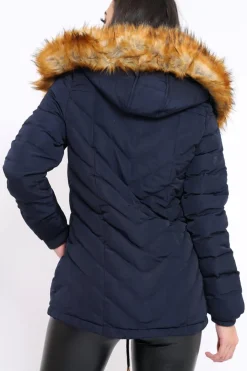 Rebellious Fashion Navy Padded Coat With Faux Fur Trim Hood - Jocelyn