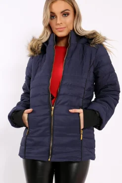 Rebellious Fashion Navy Padded Coat with Fur Hood - Francesca