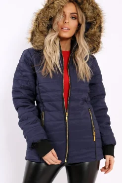 Rebellious Fashion Navy Padded Coat with Fur Hood - Francesca