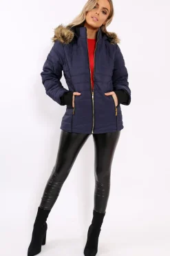 Rebellious Fashion Navy Padded Coat with Fur Hood - Francesca